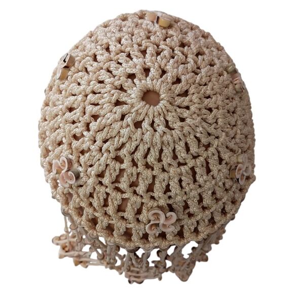 Vtg 70s Macrame Crown Headpiece Cowrie Shell Flapper Seashell Bohemian Cleopatra